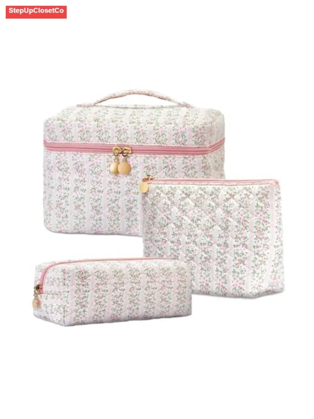 Quilted Floral Makeup Bag Set 3pc Pink Cosmetic Travel Toiletry Organizer
